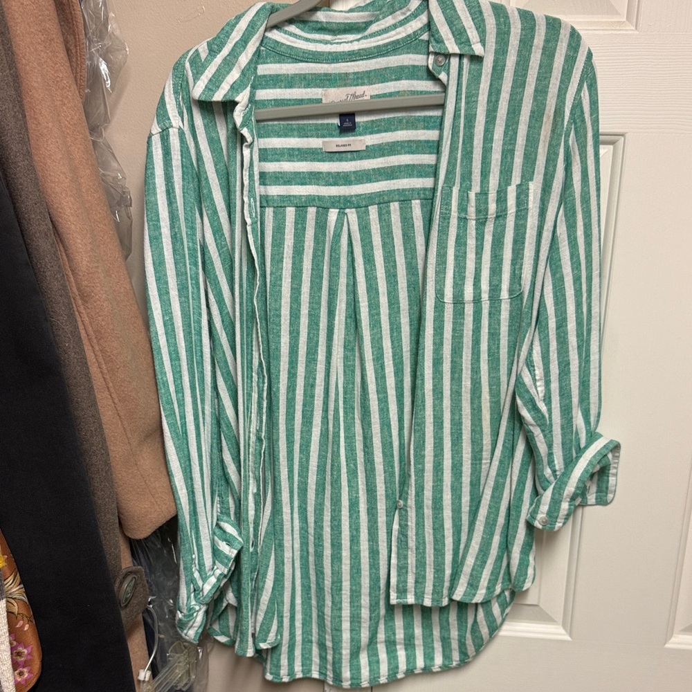 Green and White Striped Button-Up Shirt